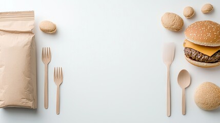 A top-down view of a hamburger, wooden utensils, and a paper bag arranged on a white surface. The image evokes a sense of simplicity and freshness.