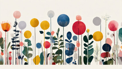 A vibrant and playful abstract digital art piece showcasing a garden of stylized circular and spiky flowers with colorful foliage.