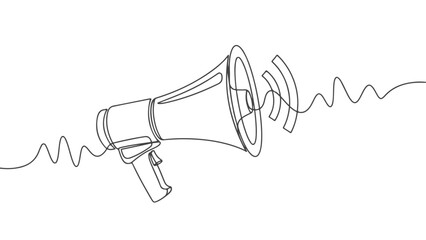 Minimalist one line art of a megaphone with sound waves, a continuous hand-drawn illustration representing communication and announcement