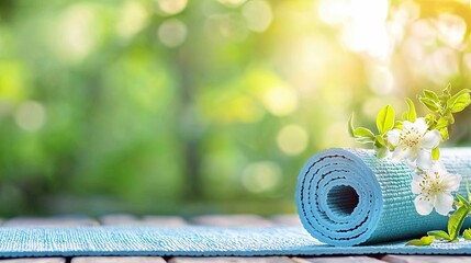 A rolled-up yoga mat with white flowers on a wooden table, set against a blurred green background, suggesting a sunny outdoor setting.
