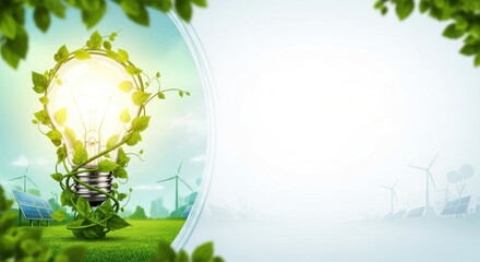 A light bulb with green leaves on it, set against a green field with a blue sky and white clouds.