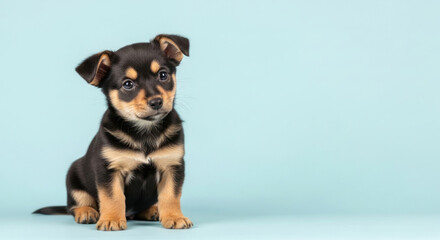 A small black and brown puppy with floppy ears sitting on a light blue background.