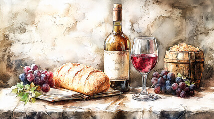 Eucharistic symbols of the Lord's Supper, including Bible, wine glass, and bread on a table, digital watercolor painting, Christian sacrament illustration, spiritual devotional artwork