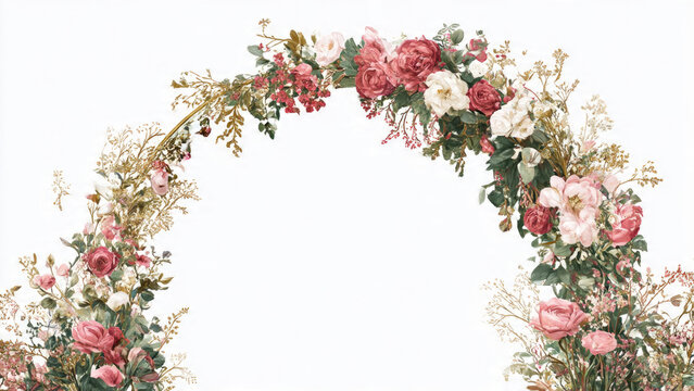 Elegant floral arch with pink, white, red roses, green leaves, and golden accents on a pure white background. Ideal for events.