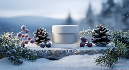 Winter skincare product display with pinecones and snow for festive holiday season marketing