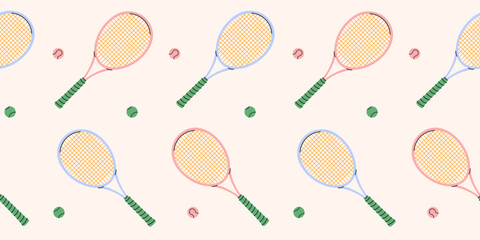 Сolorful seamless tennis rackets and balls pattern.Tennis equipment repeat cover ornament.Hand drawn sport fitness concept.Wallpapers,wrapping paper,active lifestyle branding.Vector illustration EPS10