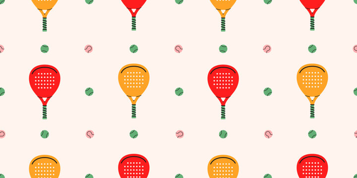 Сolorful seamless padel rackets and balls pattern.Paddle equipment repeat cover ornament.Hand drawn sport fitness concept.Wallpapers,wrapping paper,active lifestyle branding.Vector illustration EPS10