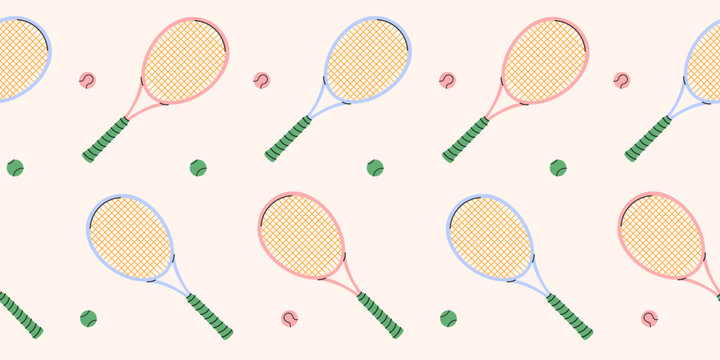 Сolorful seamless tennis rackets and balls pattern.Tennis equipment repeat cover ornament.Hand drawn sport fitness concept.Wallpapers,wrapping paper,active lifestyle branding.Vector illustration EPS10