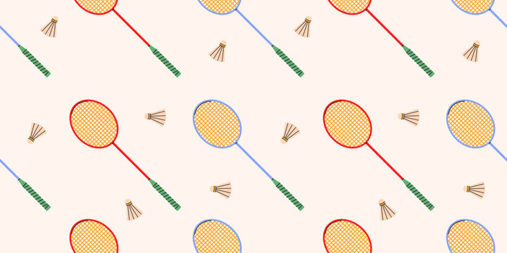 Сolorful seamless badminton rackets and shuttlecock pattern.Badminton equipment repeat cover ornament,Wallpapers,wrapping paper.Hand drawn sport fitness concept.Vector illustration EPS10