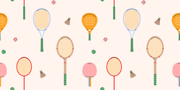 Сolorful seamless tennis,padel,badminton,ping pong rackets and balls pattern.Tennis equipment repeat cover ornament,wallpapers,wrapping paper.Hand drawn sport fitness concept.Vector illustration EPS10