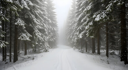 Snow covered forest path on a foggy winter day with tall evergreen trees