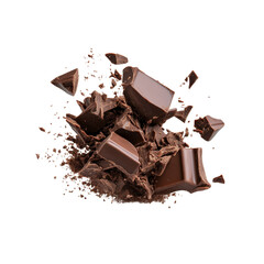Exploding dark chocolate chunks against black background