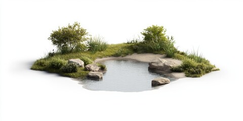 Tranquil pond on grassy islet with rocks and bushes