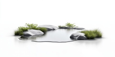 Tranquil rock and grass surrounding serene pond on white background