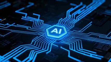 AI chip pulses with bright blue light as neon circuits ignite outward in rapid synchronized waves across the board. Ideal for technology, innovation, data processing and digital visualization themes - Powered by Adobe