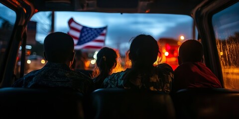 Migrant family observing american flag from car, embracing new beginnings