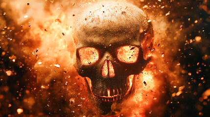 Ghost or skull close-up surrounded by floating golden particles, Halloween theme, spooky season illustration, eerie supernatural artwork, festive digital art ideal  