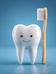A cheerful tooth, smiling broadly, stands beside a clean toothbrush, painted on a smooth surface, representing perfect dental care. 