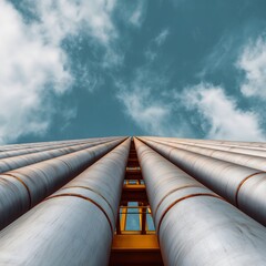 A striking perspective of industrial pipes reaching upwards against a canvas of clouds