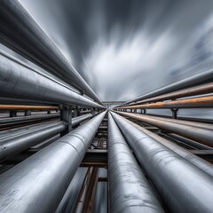 An intricate network of industrial pipelines stretches across the scene