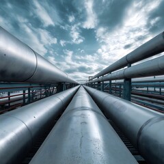 A captivating low-angle perspective unveils a sprawling network of industrial pipes stretching towards