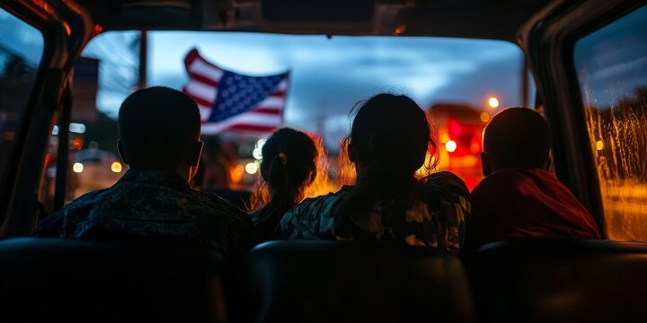 Migrant family observing american flag from car, embracing new beginnings