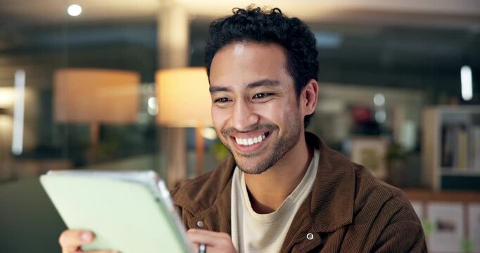 Tablet, reading and businessman in office for research on creative project with online blog. Digital technology, planning and male editor with email for feedback on publishing at startup agency.