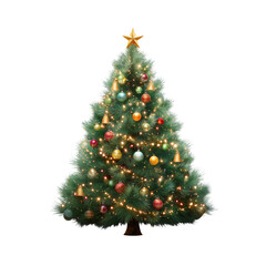 A beautifully adorned Christmas tree, sparkling with colorful ornaments, twinkling lights, and a radiant star at the pinnacle, standing tall and proud.