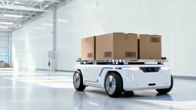 Autonomous warehouse cart speeds forward with a loaded stack of boxes, making sharp directional adjustments as its sensors flash. Ideal for logistics, automation, delivery systems and smart robotics
