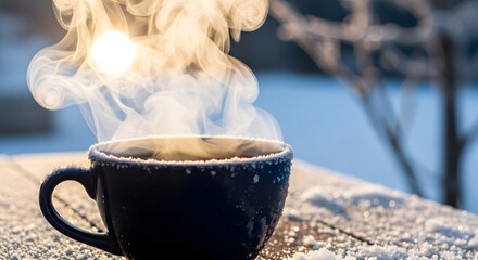 Steaming hot dark coffee in a textured mug on a rustic wooden table with soft bokeh background