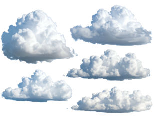 Five fluffy white clouds of varying shapes on a dark background