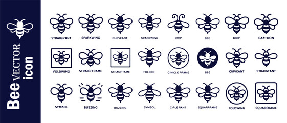 Bee vector icon collection featuring various bee designs, movements, and framed interpretations