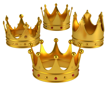 Five opulent golden crowns adorned with ruby gems on black background
