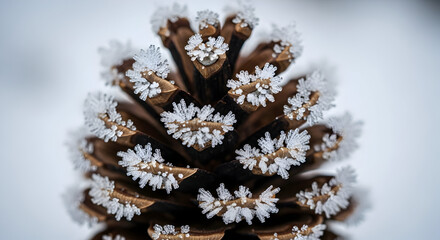 Close up macro view of a pine cone covered in delicate frost crystals on a cold winter day