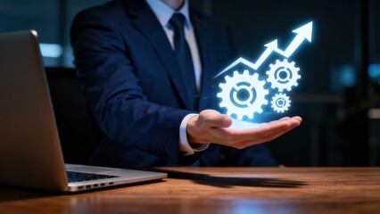 Businessman holding holographic gears and upward arrow, symbolizing growth and technology in a professional setting
