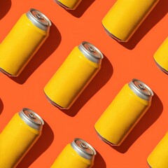 A vibrant display of identical, yellow beverage cans artfully arranged against an arresting orange canvas