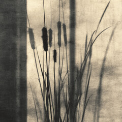 Muted Abstraction: Reeds Shadow Art on Textured Canvas with Diffused Studio Light