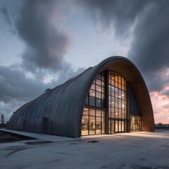 Captivating the sleek design of a contemporary building against a dramatic sky at dusk, presenting an eye-catching architectural view.