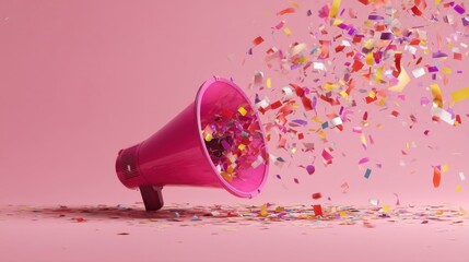 A pink megaphone lies sideways on a pink backdrop with vibrant confetti bursting out,
