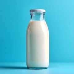 A pristine glass bottle, filled to the brim with creamy white milk, stands against a refreshing blue backdrop