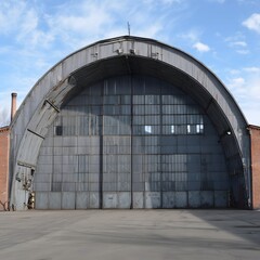 A sturdy, arched industrial hangar stands resolute against a lightly clouded sky