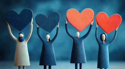 Group of figurines holding heart shapes representing love and unity
