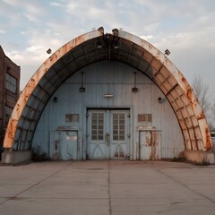 An aged hangar stands resilient under a vast sky, its weathered facade whispering stories of the past, representing industrial heritage.