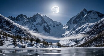Naklejka premium Majestic snow capped mountains under a luminous full moon reflected in a frozen lake