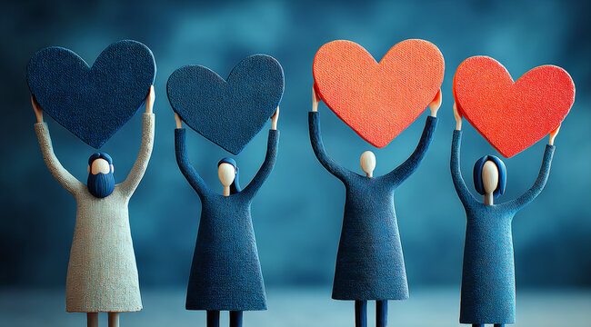 Group of figurines holding heart shapes representing love and unity