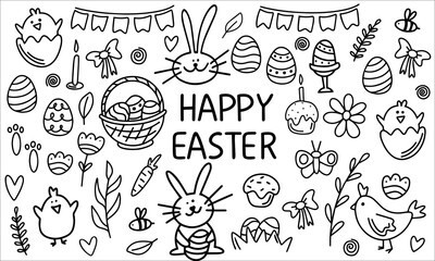 Fototapeta premium Hand-drawn Easter elements isolated on a white background. Easter basket, eggs, chick, and bunny. Design for coloring, greeting cards, or print.