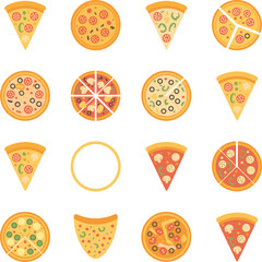 Flat cartoon pizza icon collection with slices and whole pizzas, various toppings, colorful food graphics set, fun Italian cuisine illustration