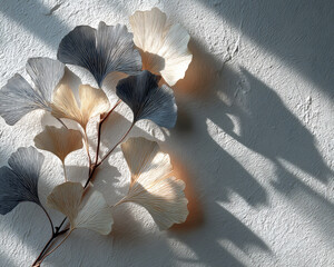 Minimalist Arrangement of Ginkgo Leaf Shadows Interacting on Clean Plaster Wall
