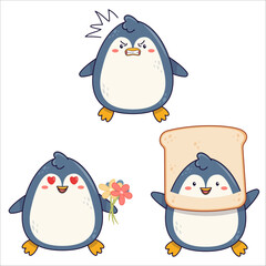 A cute set of kawaii penguins. Penguin, kawaii, set, cute, emotions, happy, colorful, character, vector