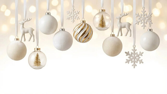 White and gold ceramic and glass Christmas ornaments hanging against light beige background with bokeh lights. Space for text.	